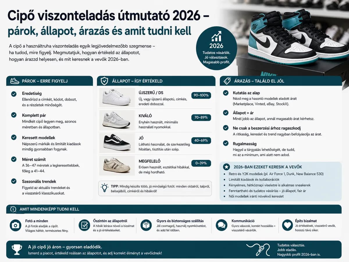Cipő viszonteladás útmutató 2026 – párok, állapot, árazás és amit tudni kell