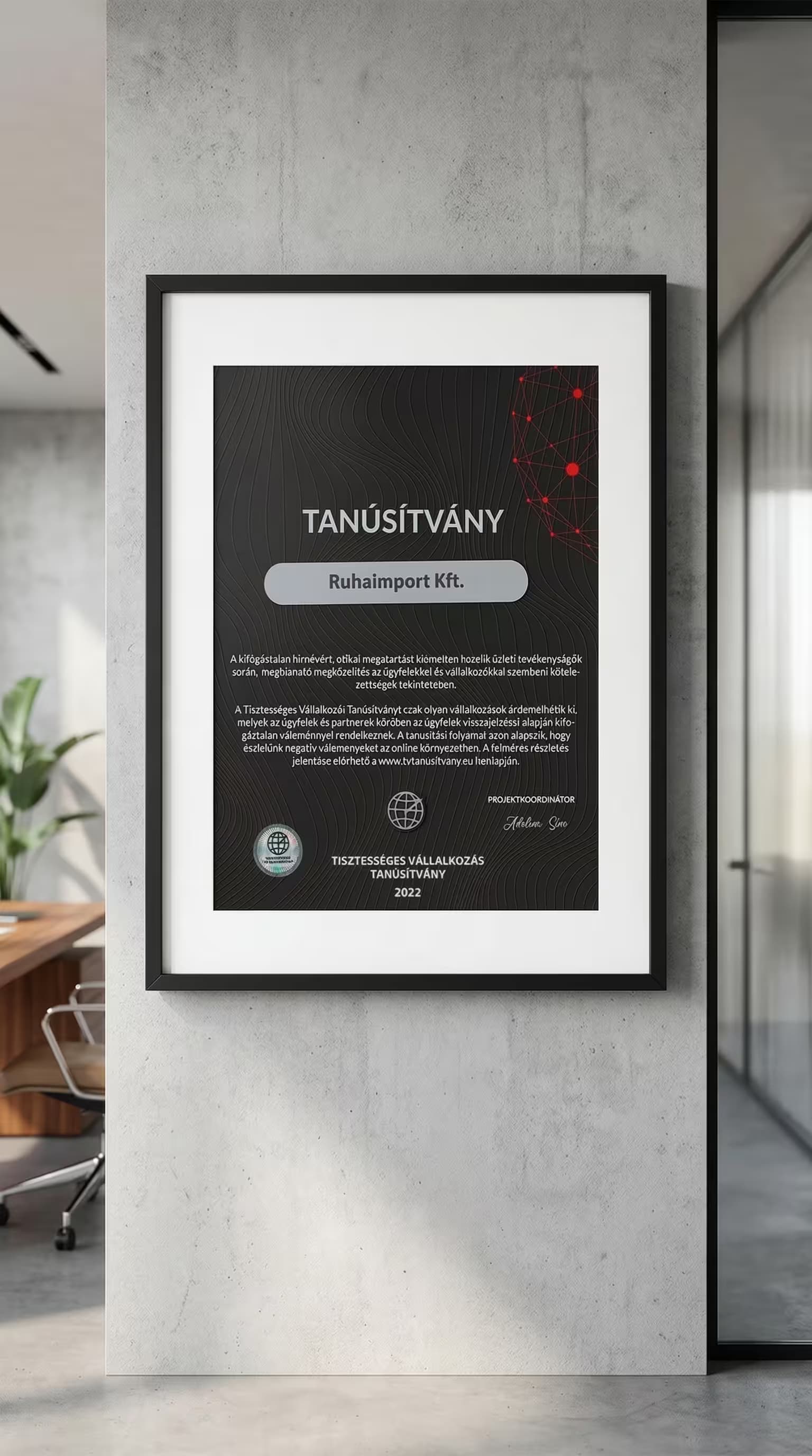 Tisztességes Vállalkozás Tanúsítvány 2022